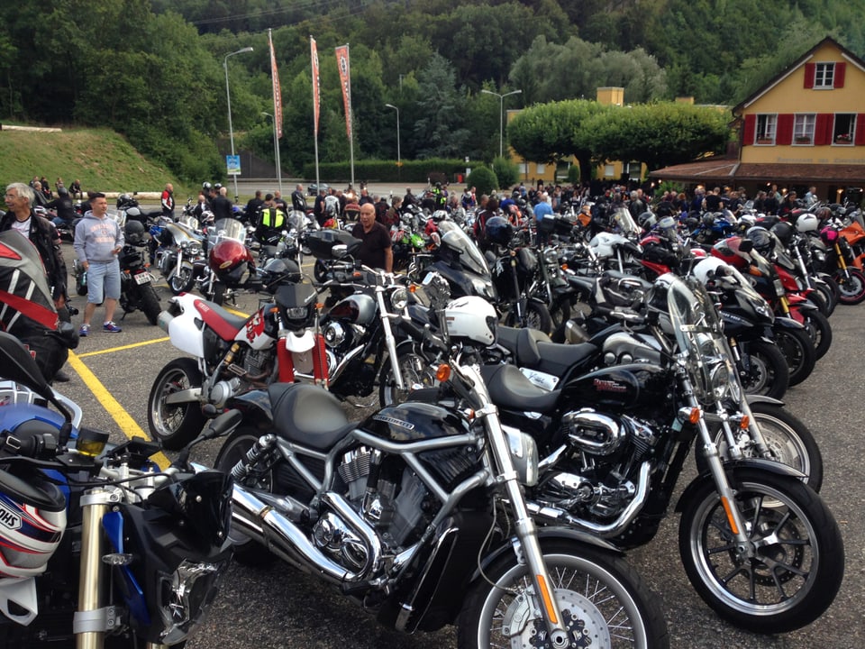 Mehrere Motorräder auf einem Parkplatz.