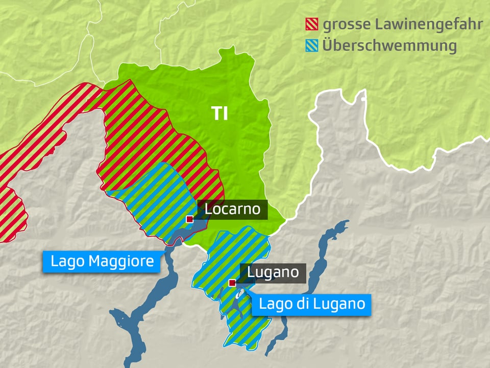 Karte des Tessins zeigt Flächen mit Hochwasser- und Lawinengefahr