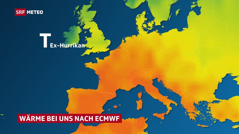 Karte mit Temperaturverteilung in Europa nach dem europäischen ECMWF-Modell. Warme Luft gelangt von Süden in die Schweiz.