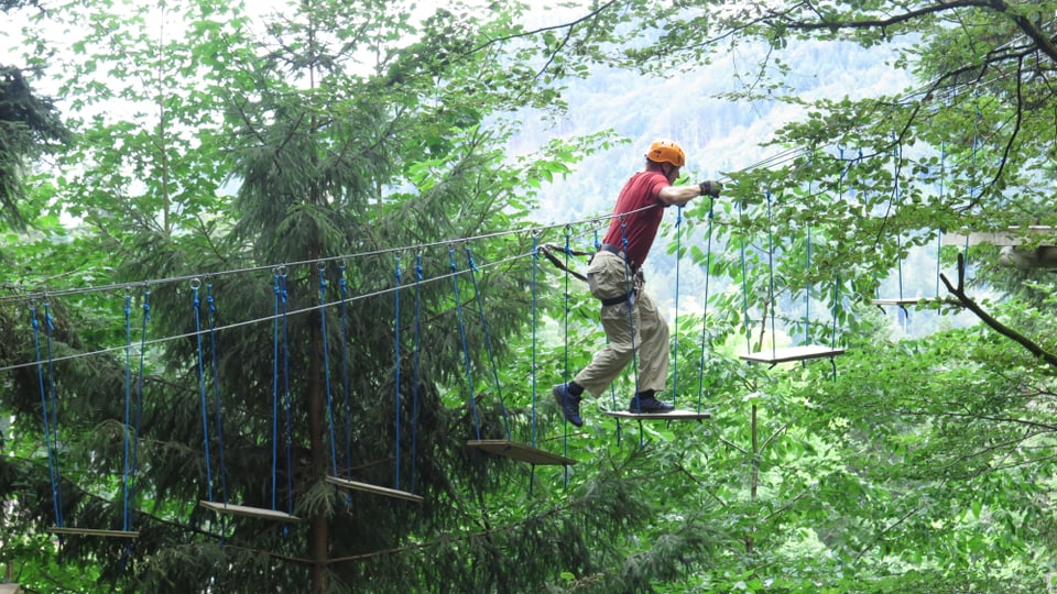 Ein Mann klettert über eine Seilbrücke im Seilpark Gantrisch