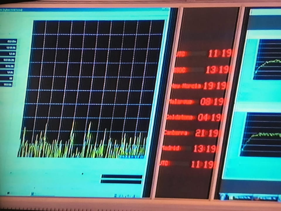 Kurven auf einem Bildschirm zeigen den Funkabbruch zwischen der Sonde und der ESA-Zentrale an. 