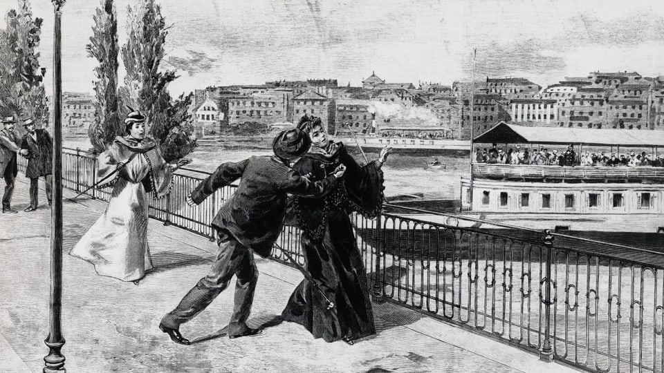 Ein Mann ersticht eine Frau auf einer Brücke.