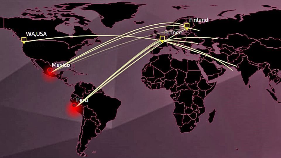 Weltkarte mit Städten, von denen aus andere Städte im Internet attackiert werden.