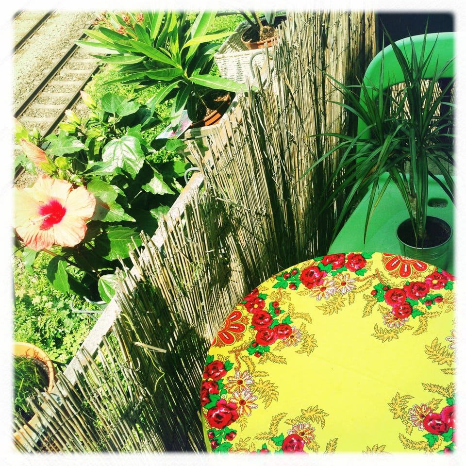 Blumen in einem Trog auf einem Balkon und ein Tisch mit einer blumigen Tischdecke