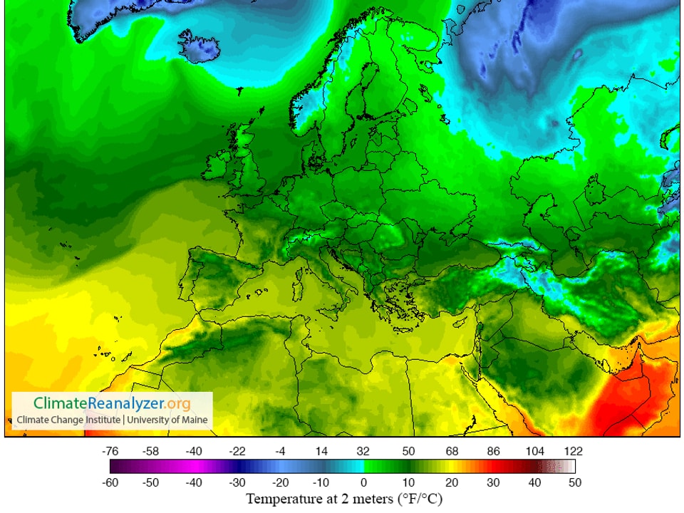 Auf einer Europakarte ist die Temperaturverteilung dargestellt. Über weite Teile Mitteleuropas dominiert ein dunkles Grün (rund 10 Grad). In Südspanien gibt es gebietsweise gelb (20 Grad). In Island dominiert die Farbe blau (-10 Grad).