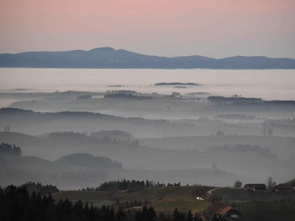 Blick auf eine Hügellandschaft mit Nebel.