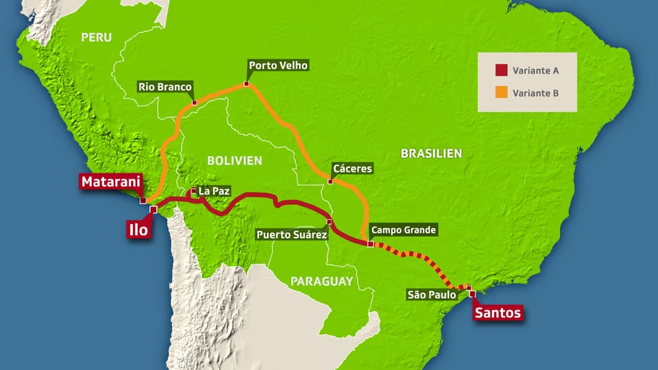 Kartenausschnitt mit Bahnlinie in zwei Varianten