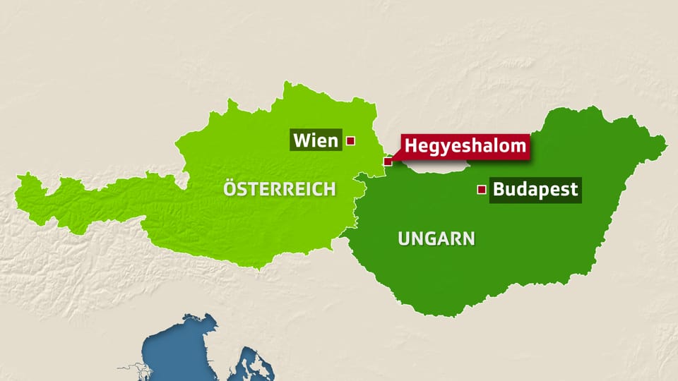Karte von Österreich und Ungarn, darauf eingezeichnet der Ort Hegyeshalom