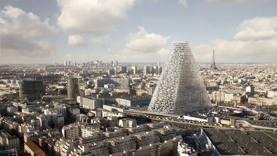Architektur-Rendering: Der Tour Triangle ragt aus der Pariser Skyline.