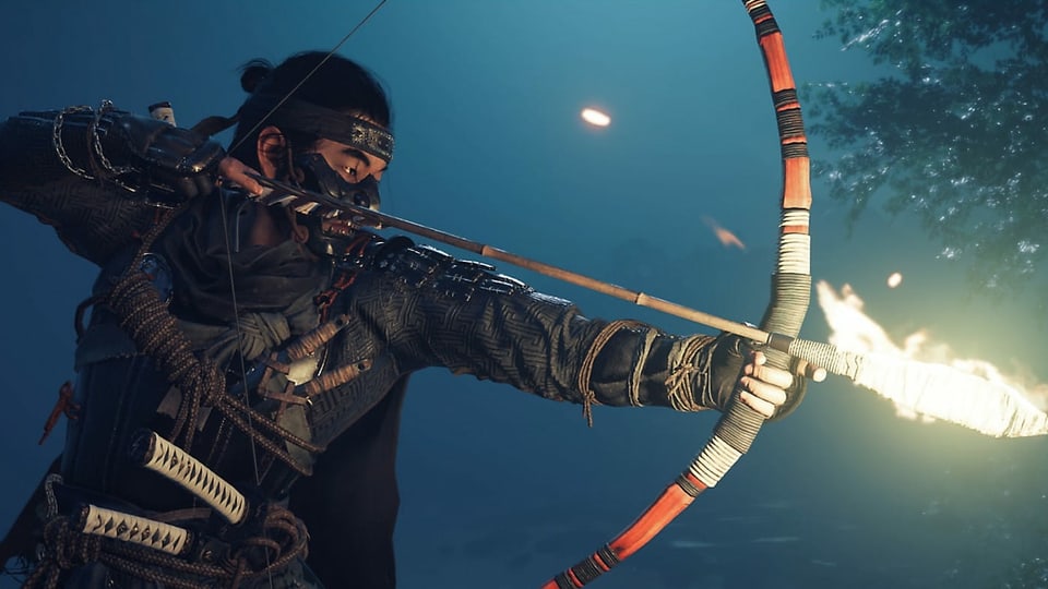 Ein Samurai mit Maske, Feuerpfeilen und Bogen.