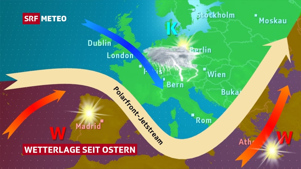 Jetstream lag seit Ostern mehrheitlich südlich der Schweiz. Somit lagen wir im Einfluss von feucht-kalter Schauerluft.