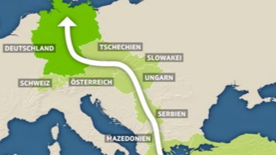 Ein Pfeil zieht durch die östilchen Europaländer und endet in Deutschland.