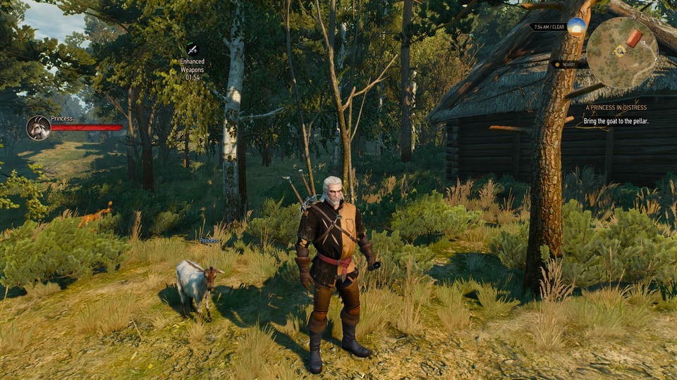 Geralt lockt per Glocke eine Ziege zurück in den Stall.