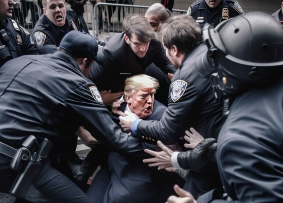 Ein mit KI generiertes Bild, das zeigt, wie Donald Trump von Polizisten festgenommen wird.