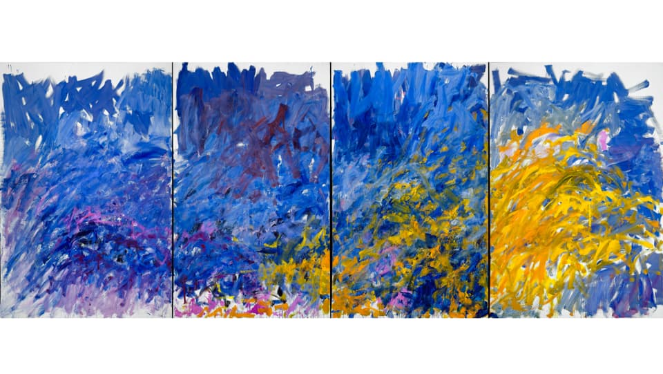 Ein vierteiliges, hauptsächlich blau und gelbes Gemälde von Joan Mitchell namens «Edrita Fried».