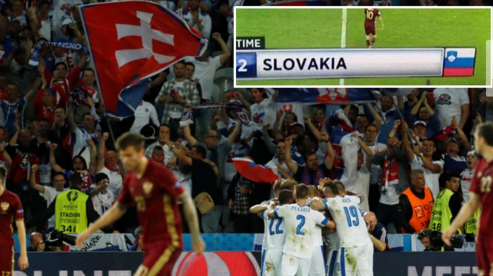 Während einem Fussballspiel wird beim Einblender mit dem Spielstand für Slowakien eine slowenische Flagge angezeigt.