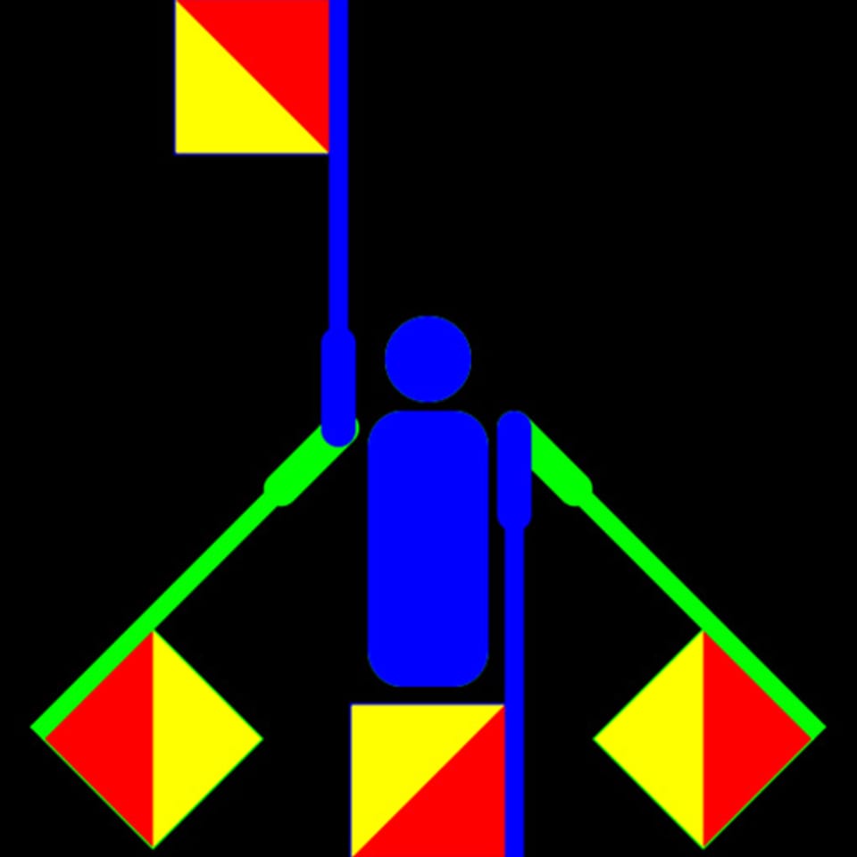 Symbol eines Mannes, der vier Flaggen in unterschiedliche Richtungen hält.