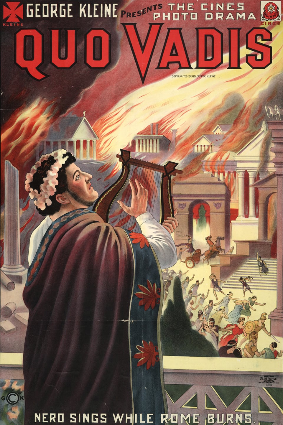 Ein Plakat zeigt den römischen Herrscher Nero, der dem brennenden Rom zusieht und dabei singt.