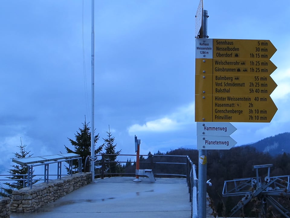 Wanderweg-Wegweiser im Vordergrund, Panorama-Tafeln auf Aussichtsterrasse im Hintergrund.