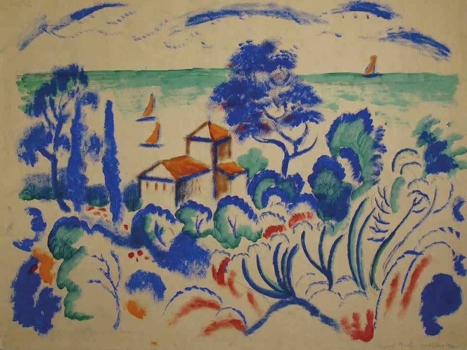 Eine Zeichnung mit grünem Meer, blauen Bäumen und roten Segelboten.