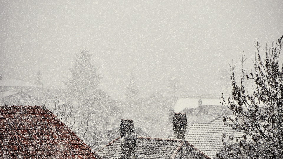 Grosse Schneeflocken über den Dächern von Zäziwil.