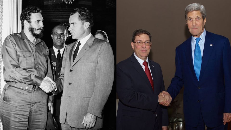 Castro und Nixon, daneben Rodríguez und Kerry mit Handshake.