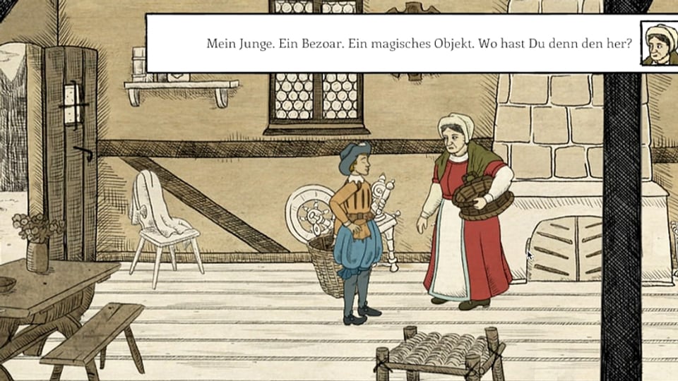 Bild aus einem Game: Eine alte Frau mit einem Korb unter dem Arm spricht mit einem jungen im Beinkleid.