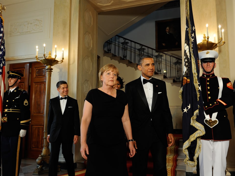 Joachim Sauter, Angela Merkel, Barack Obama und im Hintergund Michelle Obama.