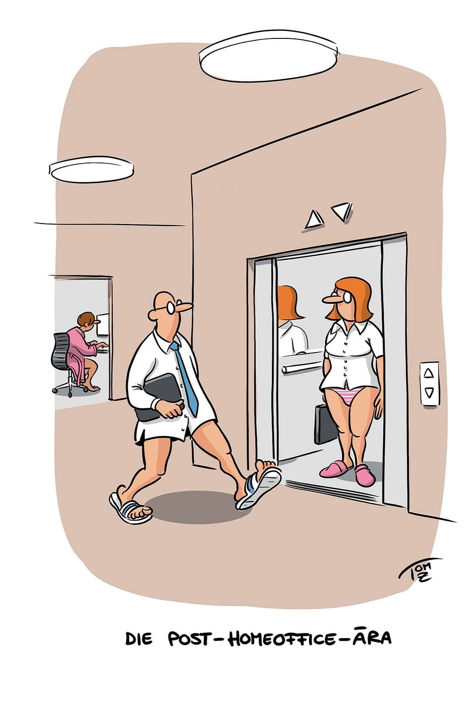 In einem Büro tragen alle Menschen keine Hose. Darunter steht: «Dei Post-Homeoffice-Ära»