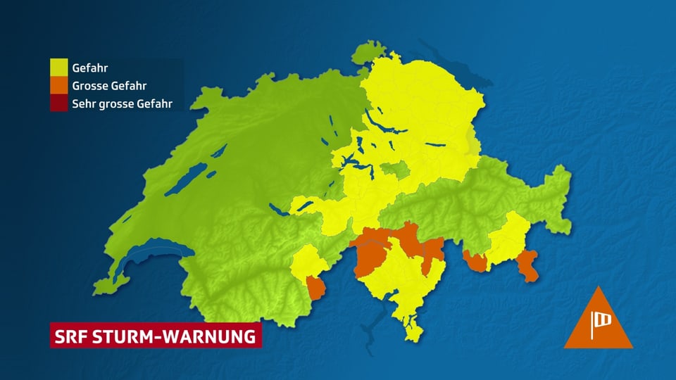 Eine Karte der Schweiz. Man sieht Windwarnungen in der Ostschweiz und im Süden.