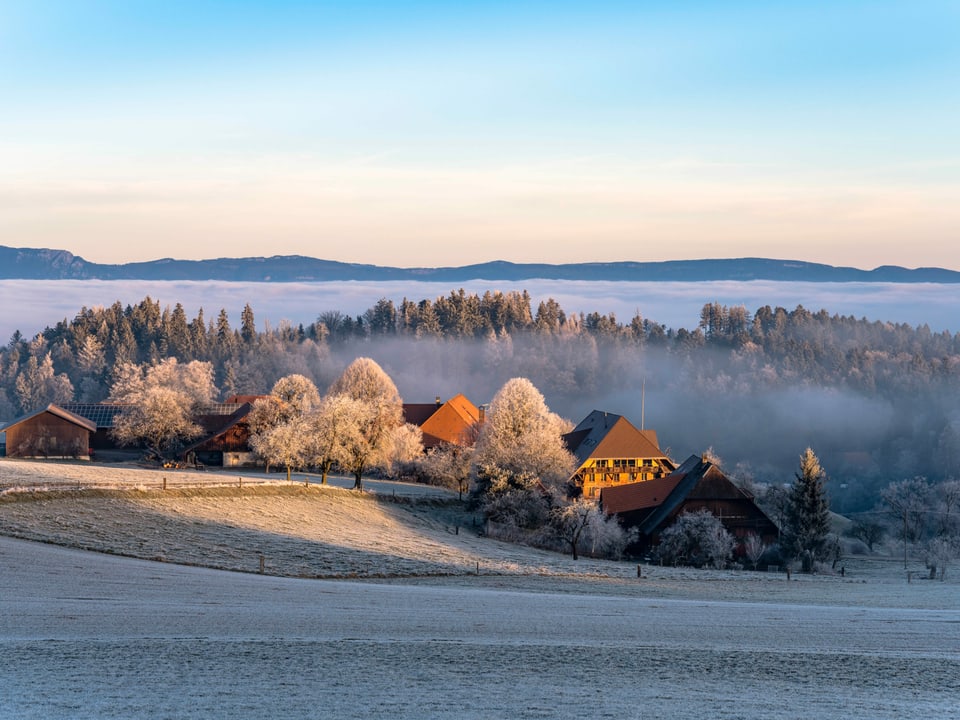 Blick auf einen Weiler am Nebelmeer.