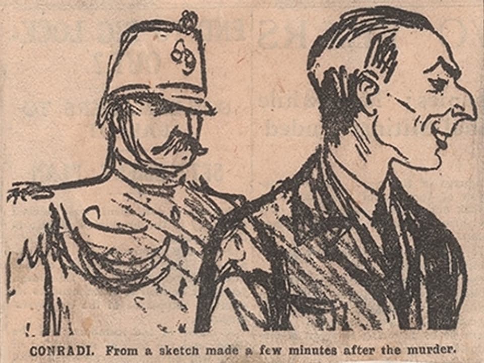 Eine Karikatur zeigt einen Mann mit glattem Haar und einen Polizisten mit Helm. Uniform und Schnauzer.