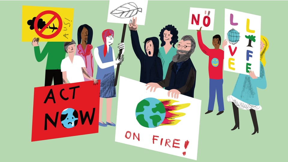 Illustration: Gottfried Keller demonstriert mit jungen Leuten gegen die Klimaerwärmung.