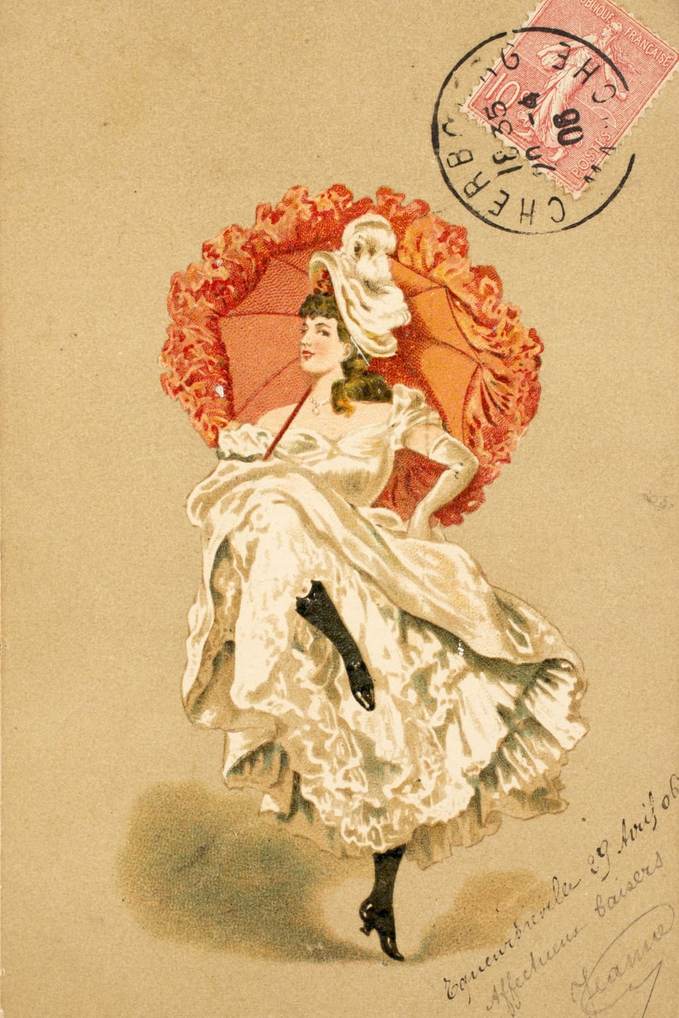 Eine Frau, die Cancan tanzt, auf einer Postkarte.