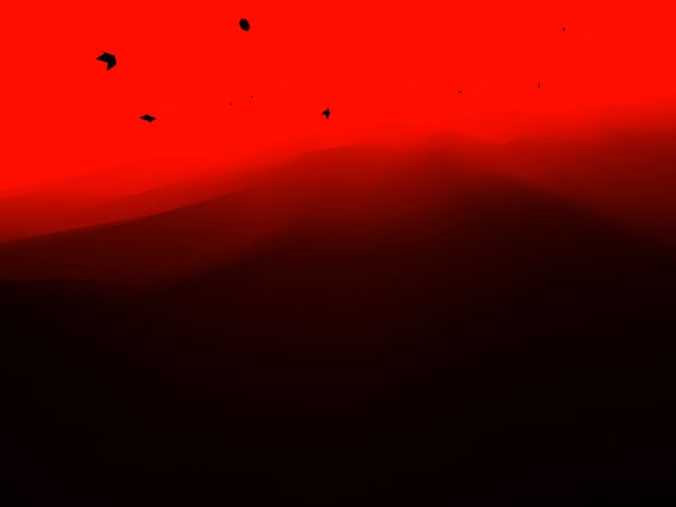 Rot gefärbter Himmel über dunkler Hügellandschaft.