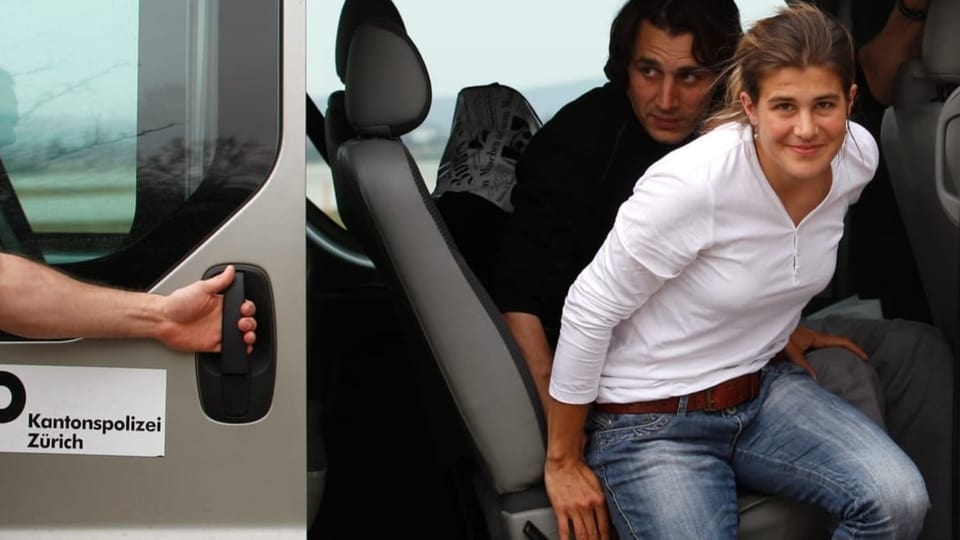 David Och und Daniela Widmer steigen am Flughafen Zürich aus einem Polizeibus aus.