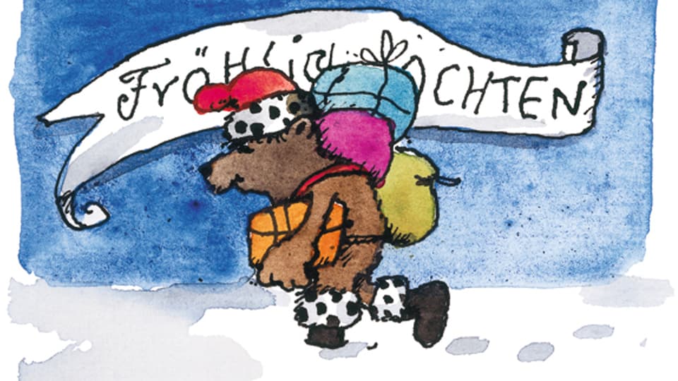 Auf dieser Zeichnung stampft ein Bär im Weihnachtsmannkostüm durch den Schnee.