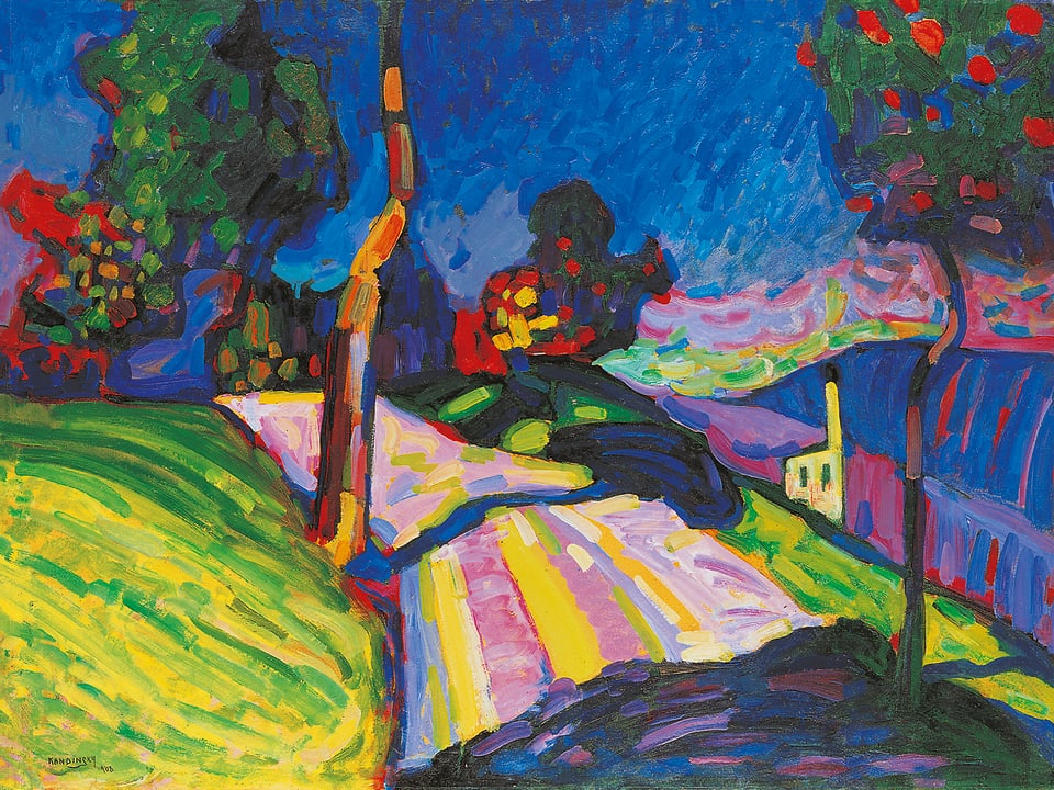 Wassily Kandinsky: Murnau – Kohlgruberstrasse, 1908, Öl auf Pappe, 71.5 x 97.5 cm. Merzbacher Kunststiftung.