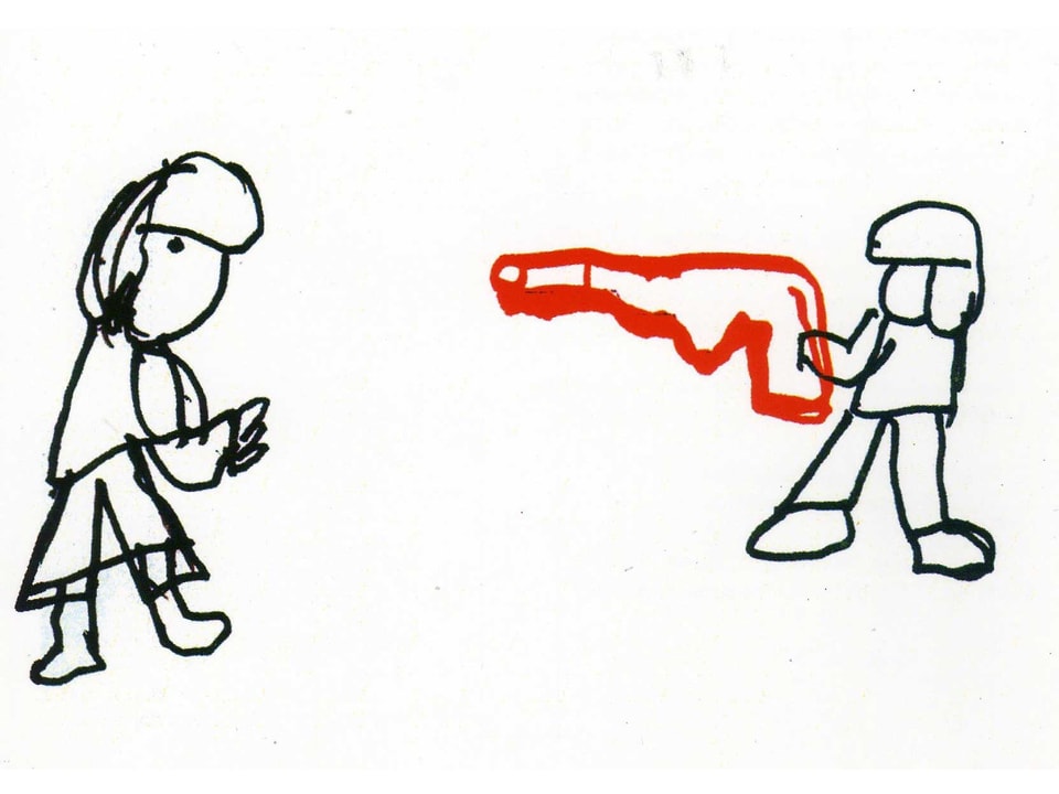 Eine gezeichnete Person schiesst mit einer roten Pistole auf eine zweite Person.