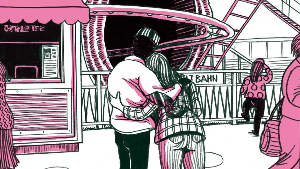 Eine schwarz-rosa-weisse Comic-Illustration: Ein Paar auf dem Rummelplatz.