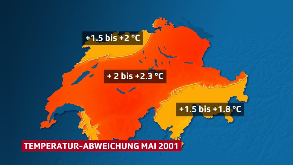 Schweizkarte, Verteilung der Temperaturabweichung (farbig- rot) im Mai 2001.