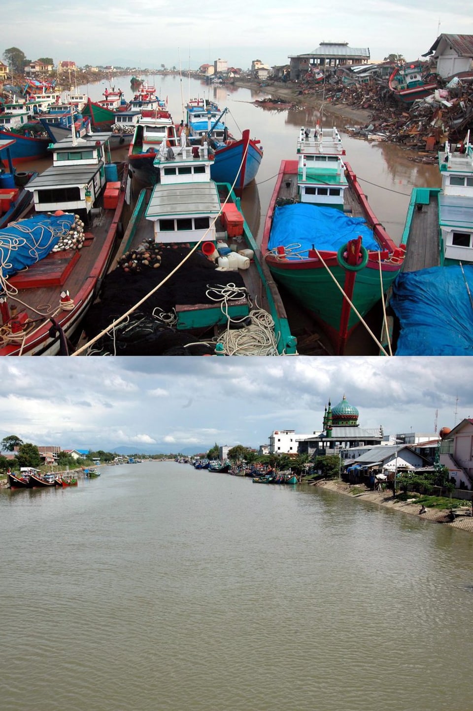 Der mit Schiffen verstopfte Fluss und die völlig zerstörten Häuser beim Fluss Aceh am 26.12.2004 und fünf Jahre später. (keystone)