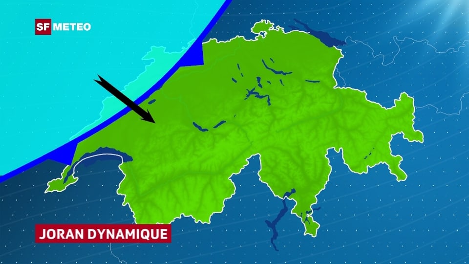 Eine Schweizerkarte. Die kalte Luft hat den Jura überschritten. Im Mittelland zeigt ein Windpfeil Nordwestwind an.