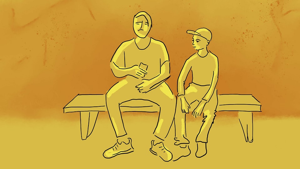 eine gelbe Illustration, die zwei Teenager zeigt, die sich auf dem Handy etwas zeigen