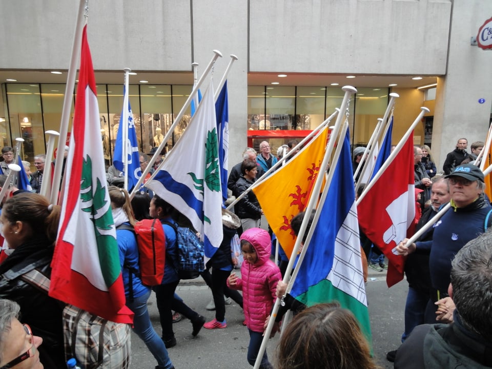 Zahlreiche Fahnenträger mit diversen Gemeindeflaggen im Umzug