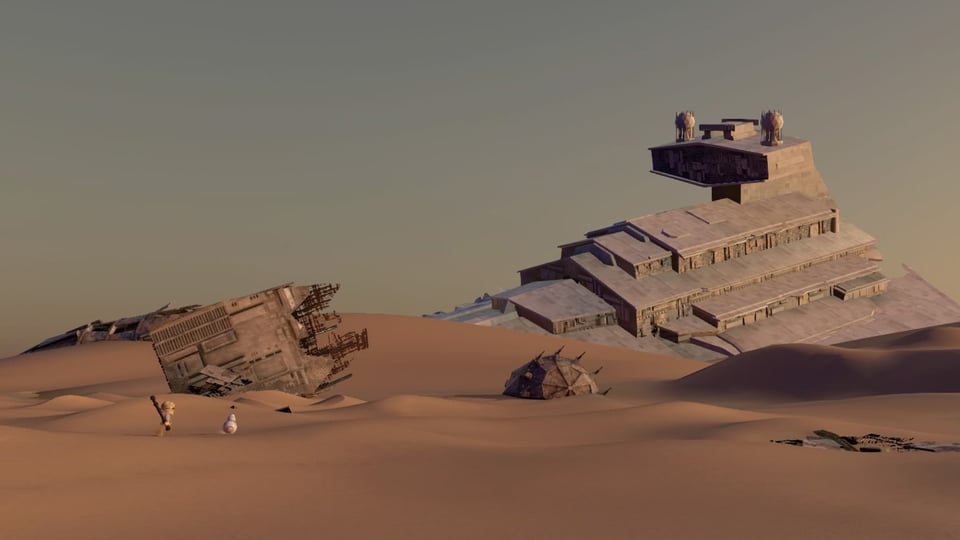 Rey und BB-8 wandern durch die Wüste.