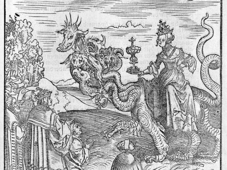 Holzschnitt: Eine Frau mit Tiara reitet auf einem Drachen
