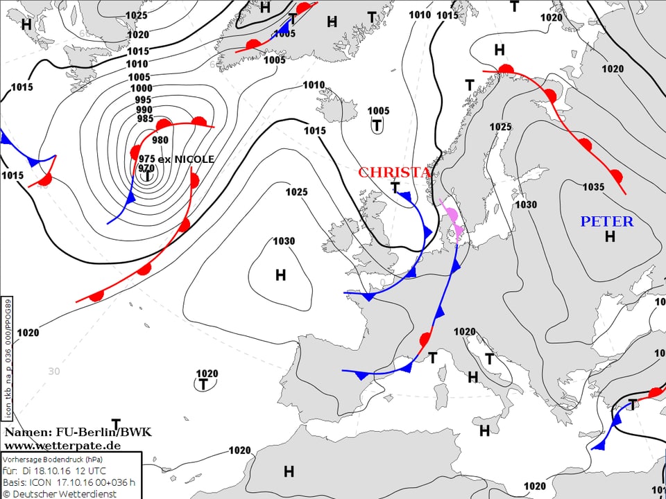Bodenwetterkarte mit den Hoch- und Tiefdruckgebieten über Europa.
