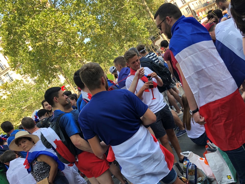 Fans in Frankreich-Flaggen gehüllt.