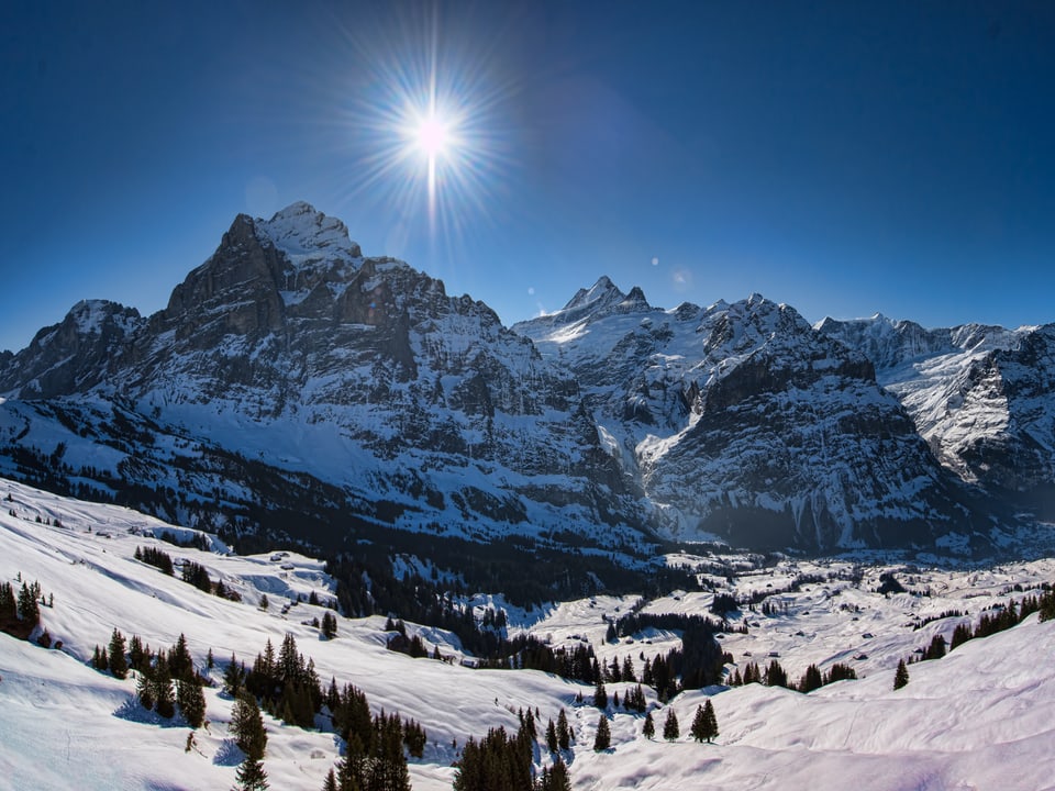 Weiss leuchtet die Sonne am blauen Himmel. Es besteht klare Sicht an die schneebedeckten Berge. Im Vordergrund ist das weisse Tal mit Tannen zu sehen.